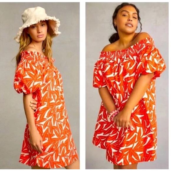 Anthropologie Whit Two Off The Shoulder Red & White Banana Leaf Pattern Size XS - Picture 1 of 7